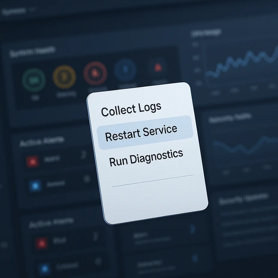 Illustration of a context menu for collecting logs, restarting services and running diagnostics